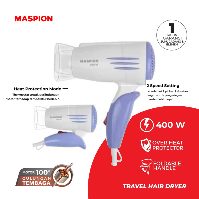 Maspion Hair Dryer Lipat 400 Watt - MHD104WP Biru